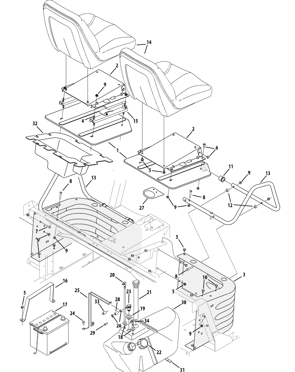 Seats Battery Fuel Tank Diagram and Parts List for 46D 4X4-37ACD710 Cub Cadet Lawn Tractor Accessories